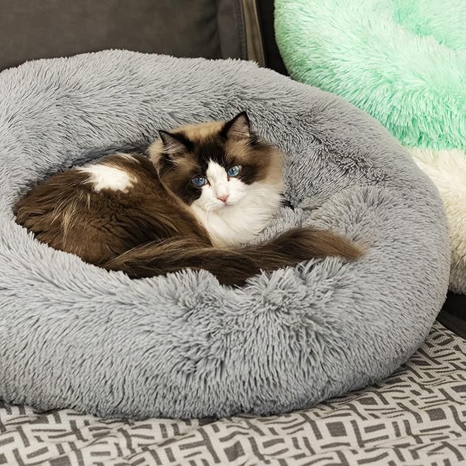 Anti Anxiety Round Fluffy Plush Faux Fur Warm Washable Dog Bed & Cat Bed, Original Bed for Small Medium Large Pets,Used to Relieve Joints and Improve Sleep（20"/24"/27''） (27", Light Grey)