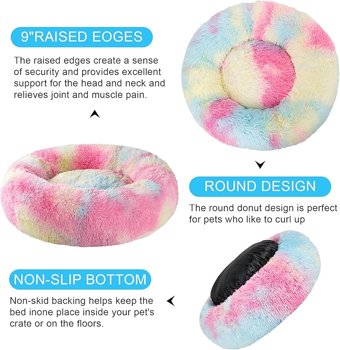 Dog Calming Beds for Small Medium Large Dogs - Round Donut Washable Puppy Dog Bed, Anti-Slip Faux Fur Fluffy Donut Cuddle Anxiety Cat Pet Bed(20'' Color)