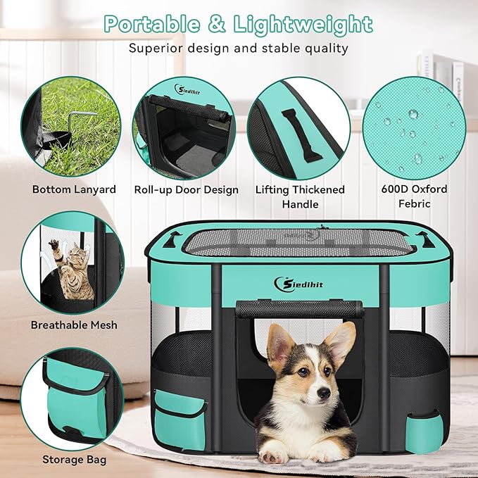 Dog Cat Playpen, Pet Puppy Portable Playpens for Outdoor Travel Crate, Indoor After Surgery Use, Foldable Dog Kennel Tent for Rabbit or Small Animals and Tent Stakes(Green, Middle)