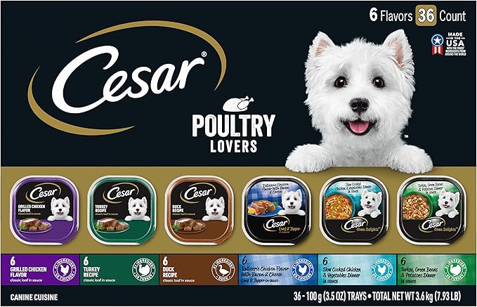 Cesar Wet Dog Food Poultry Lovers Variety Pack with Real Chicken, Turkey and Duck, 3.5 oz. Easy Peel Trays (36 Count, Pack of 1)
