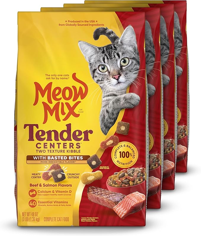 Meow Mix Tender Centers Basted Bites Dry Cat Food, Beef & Salmon Flavors, 3 Pound (Pack of 4), Crunchy Outside Meaty Inside