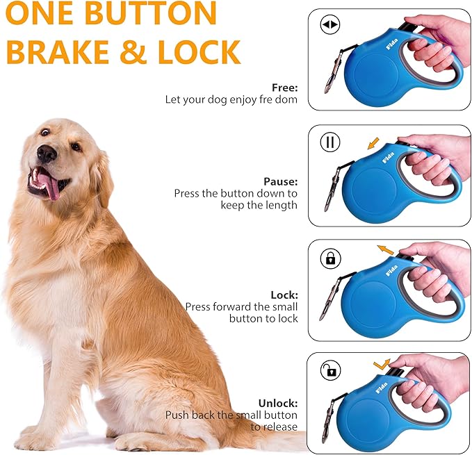 Fida Retractable Dog Leash with Dispenser and Poop Bags, 16 ft Pet Walking Leash for Small Dog or Cat up to 26 lbs, Anti-Slip Handle, Tangle Free, Reflective Nylon Tape (S, Blue)