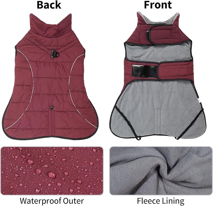 HEYWEAN Dog Winter Coat - Waterproof Windproof Reflective Vest for Medium & Large Breeds Adjustable Warm FleeceLined Jacket with Magic Tape & D-Ring for Leash Cold Weather Apparel (Red, Small)