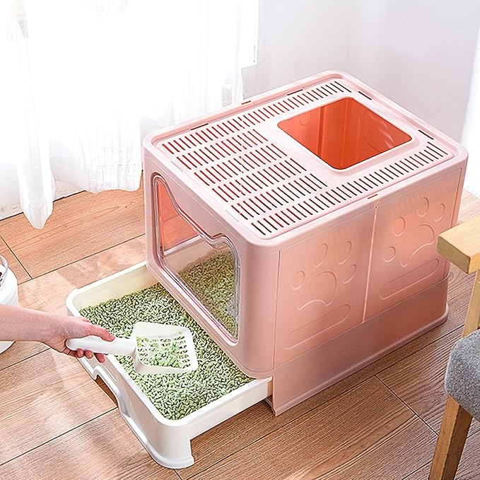 Cat Litter Box with Lid, Top Entry Cat Litter Box Pan, Enclosed Cat Potty, Anti-Splashing Cat Toilet, Foldable Litter Box Large Covered Cat Supplies with Scoop Brush and Garbage Bag