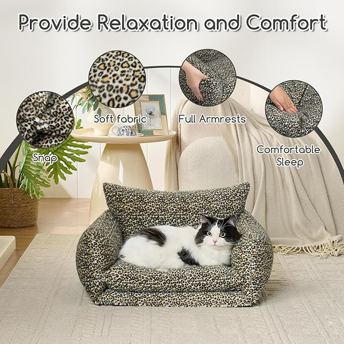 Hollypet Cat Bed Fluffy Plush Mutifuctional Double-Layer Soft Pet Couch Orthopedic Sofa Nest Beds for Small Cats and Dogs, Black Leopard (25x20x13 inch)