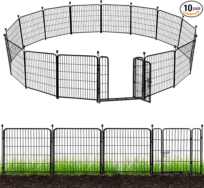 ADAVIN Metal Garden Fence with Gate, 36 in(H) 10 Panels Heavy Duty Iron Animal Barrier Fence, Indoor or Outdoor Dog Playpen, Portable Fencing, No Dig Garden Border Fencing for Yard. Total 22.1 FT(L)