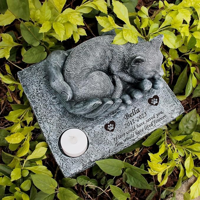Personalized Cat Memorial Stones with Candle Holder, Cat Memorial Garden Stones with Sleeping Cat Statue in God's Hands Waterproof Cat Grave Markers Tombstones Headstone Sympathy Gifts, 8.5"x7.5"x4.7"