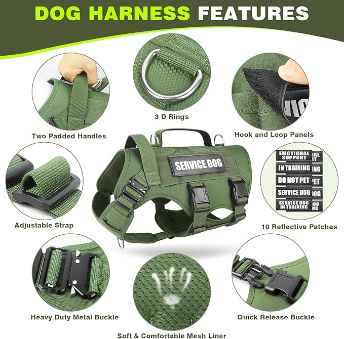 WINSEE Service Dog Vest Harness for Medium Dog, Tactical Working MOLLE Vest with 10 Pet Patches, No Pull Heavy Duty Harness for Training Walking