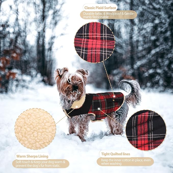 Winter Coat for Small and Medium Dogs, Puppy Plaid Jacket, Warm Coat for Cold Weather, Windproof Warm Dog Garments, Pet Thickened Outfits Indoor Outdoor, Red M