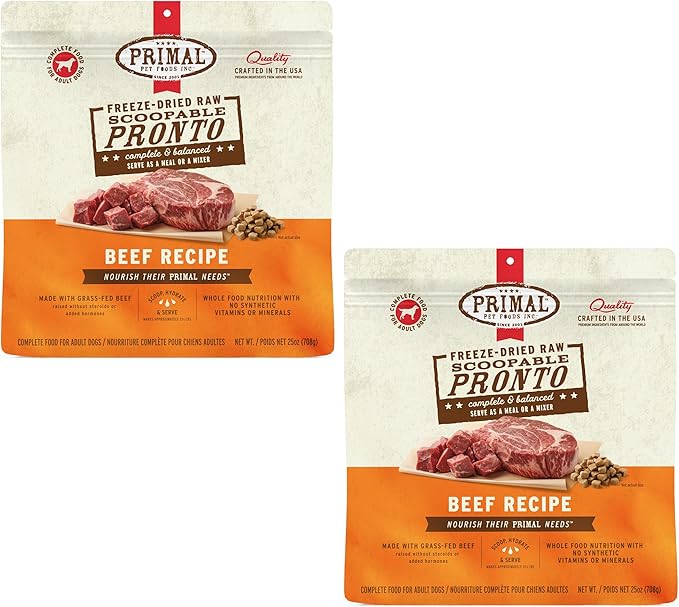 Primal Freeze Dried Dog Food, Pronto Mini Nuggets, Beef; Scoop & Serve, Complete & Balanced Meal; Also Use as Topper or Treat; Premium, Healthy, Grain Free High Protein Raw Dog Food (25 oz, 2-Pack)