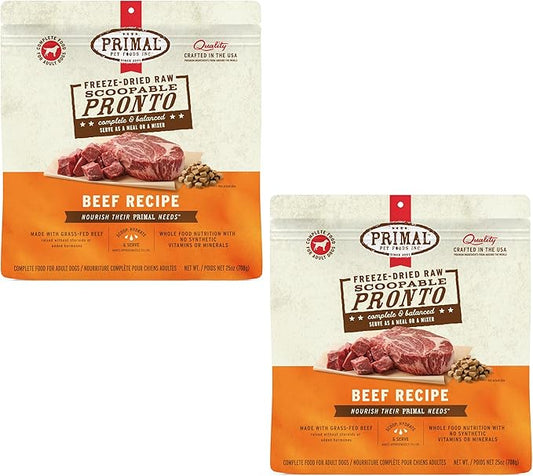 Primal Freeze Dried Dog Food, Pronto Mini Nuggets, Beef; Scoop & Serve, Complete & Balanced Meal; Also Use as Topper or Treat; Premium, Healthy, Grain Free High Protein Raw Dog Food (25 oz, 2-Pack)