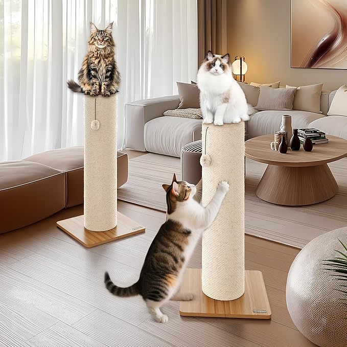 KAMABOKO 29.5" Cat Scratching Post, 7.5" Ultra-Large Diameter Natural Sisal Cat Scratch Post, Scratch-Resistant Tall Cat Scratcher for Indoor Cats, Protect Your Furniture, Beige, Pack of 1