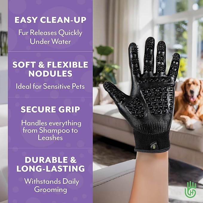 H HandsOn Pet Grooming Gloves - Patented #1 Ranked, Award Winning Shedding, Bathing, & Hair Remover Gloves - Gentle Brush for Cats, Dogs, and Horses (Black, Medium)