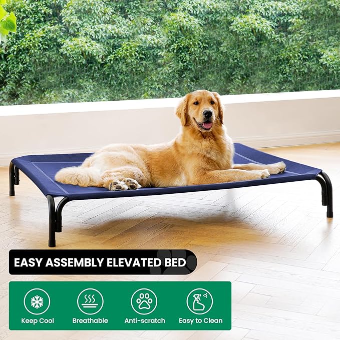Elevated Dog Bed Raised Outdoor Dog Cot for Medium Dogs, Installation Requires No Tools, Frame with Washable Cooling Breathable Mesh Anti-Slip Feet, Indoor Pet Bed, Blue, 35.4 Inches