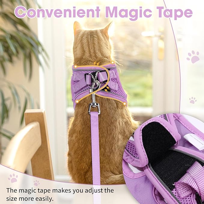 Cat Harness and Leash Set for Walking Escape Proof, Soft Adjustable Kitten Harness Breathable Mesh with Reflective Strips Harness for Kitty Puppy Bunny(Purple,S)