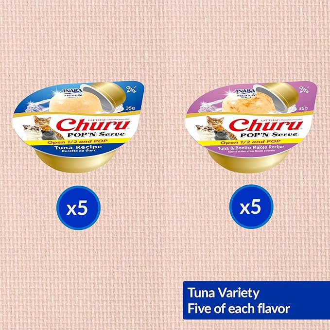 INABA Churu Pop'N Serve Jelly Cat Treat with Vitamin E & Taurine, 1.2 Ounce Cup, 10 Cups, Tuna Variety