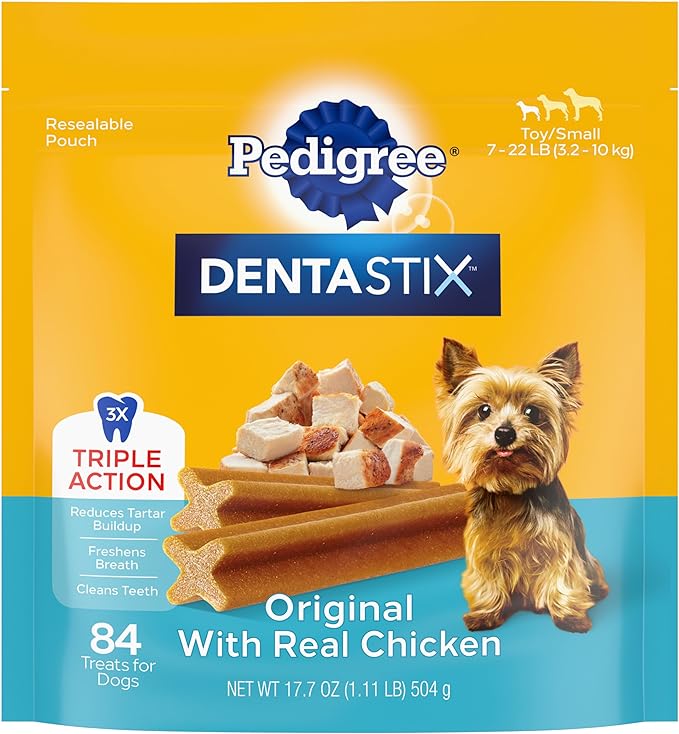 Pedigree Dentastix Small and Toy Breed Dog Treats, Original with Real Chicken, 17.7 oz. Bag (84 Treats)