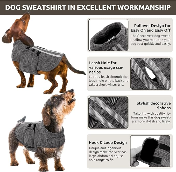 Queenmore Small Dog Sweaters, Soft Fleece Vest Pullover Dog Jacket with Leash Hole, Warm Winter Dogs Clothes Cold Weather Doggy Dachshund Sweater for Small Doggy Cats Boy or Girl (Cationic Gray, S)
