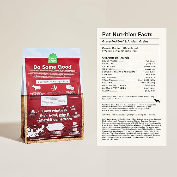 Open Farm, Ancient Grains Dry Dog Food, Protein-Rich & Nutrient Dense, 90% Animal Protein Mixed with Non-GMO Fruits, Veggies and Superfoods, Grass-Fed Beef Recipe, 22lb Bag