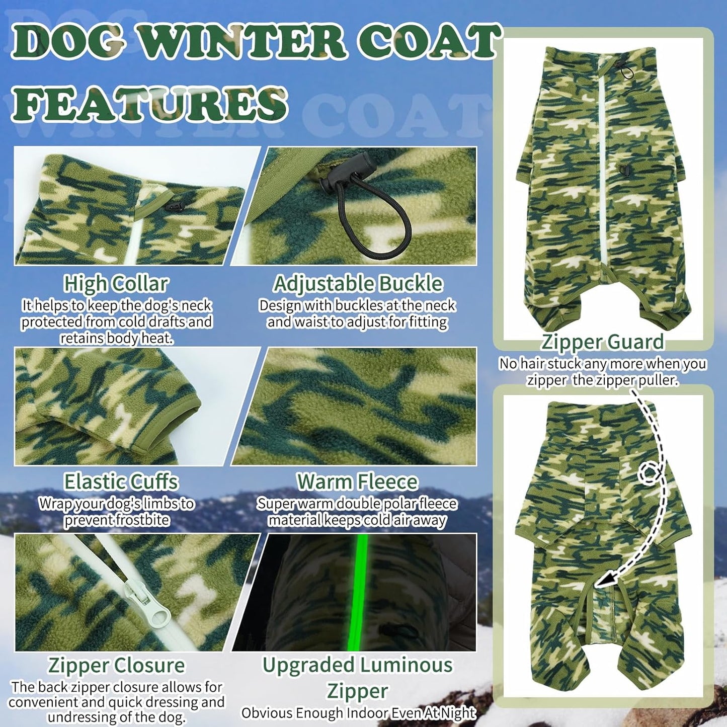 ROZKITCH Dog Winter Coat Soft Fleece Pullover Pajamas, Pet Windproof Warm Cold Weather Jacket Vest with Luminous Zipper, Jumpsuit Apparel Outfit Clothes for Small Medium Large Dog Camo L