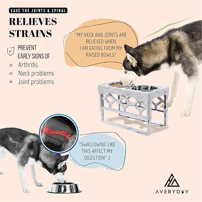 AVERYDAY Large Dog Bowls Elevated, 4 Height Adjustable Raised Dog Bowl Stand with 2 Stainless Steel Food and Water Bowls Set, Tall Dogs Feeding Station with Anti-Slip Base for Medium Large Breeds Dogs