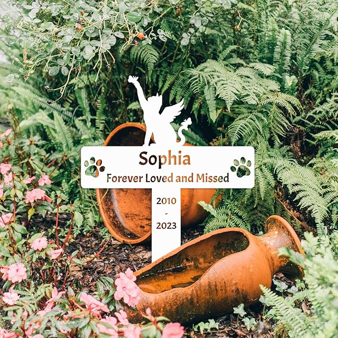 Personalized Cat Memorial Grave Marker Stake, Custom Pet Cat Memorial Stake Grave Marker for Outdoors Paws Cat Metal Plaque Sign with Stake, Cat Memorial Gift Garden Stake Sympathy Sign