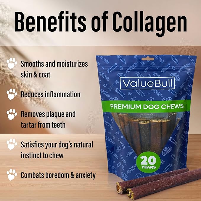 ValueBull Collagen Sticks for Small Dogs, 6 Inch Thin Chews, Natural Dog Treats, 50 Count - Supports Joints, Skin & Coat with Chondroitin & Glucosamine