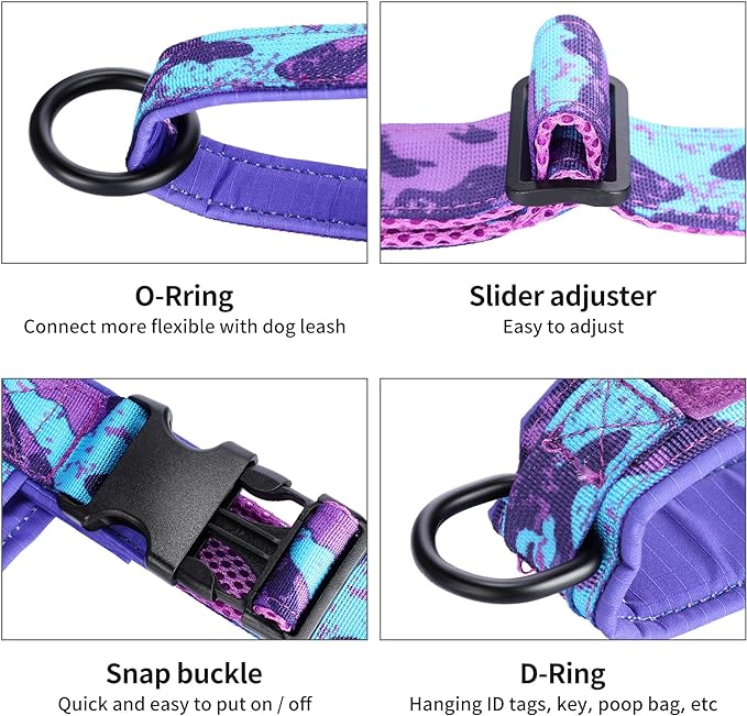 Annchwool No Pull Dog Harness with Padded Handle+5 Ft Leash,Escape Proof and Quick Fit to Adjust Dog Harness,Easy for Training Walking for Small & Medium and Large Dogs(Camo Purple Set,S)