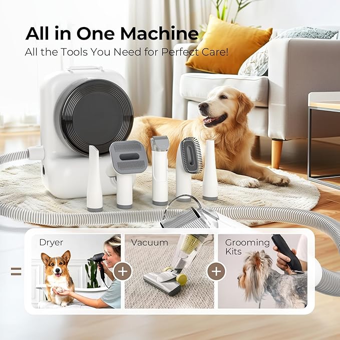 Dog Grooming Vacuum and Dryer, Pet Grooming Vacuum for Dogs with 3 Liter Canister, 15000Pa Suction Dog Vacuum for Shedding Grooming, Extra Space for Storage for 5 Grooming Kits, White