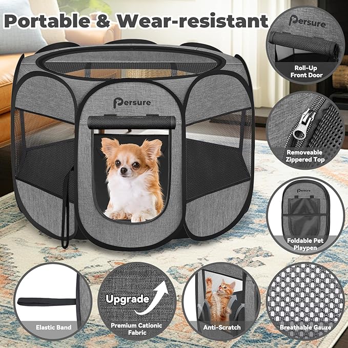 Dog Cat Playpen Indoor Outdoor for Puppy Pet Dog Cat Recovery After Surgery, Dogs Tent Crates Cage Indoor/Outdoor, Portable Pop Up Dog Kennel with Carrying Case for Travel (Premium Grey, Small)