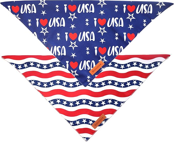 Realeaf 4th of July Dog Bandanas 2 Pack, Triangle Reversible American Flag Pet Patriotic Scarf for Boy and Girl, Premium Durable Fabric, USA Bandana for Small and Medium Dogs (Small)