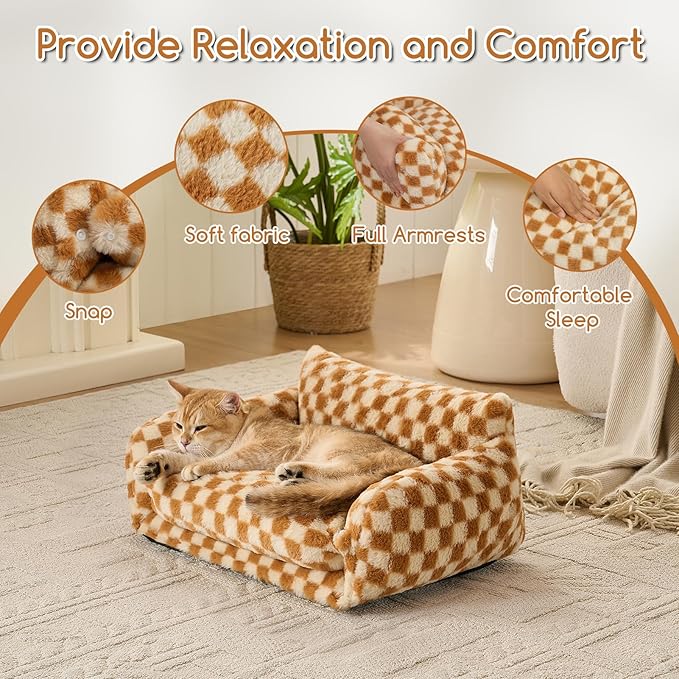 Hollypet Cat Bed Fluffy Plush Mutifuctional Double-Layer Soft Pet Couch Orthopedic Sofa Nest Beds for Small Cats and Dogs, Brown and Light Yellow (21x15x8 inch)