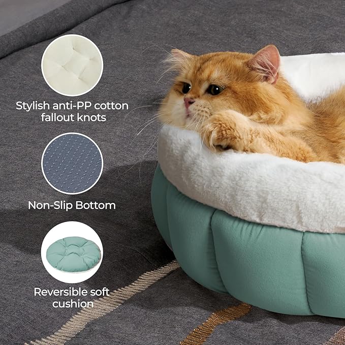 BALANCE Cat Beds for Indoor Cats, Washable Round Cat Bed, Cute Kitten Bed with Anti-Slip Bottom for Kitty and Puppy, 18 Inches, Granite Green