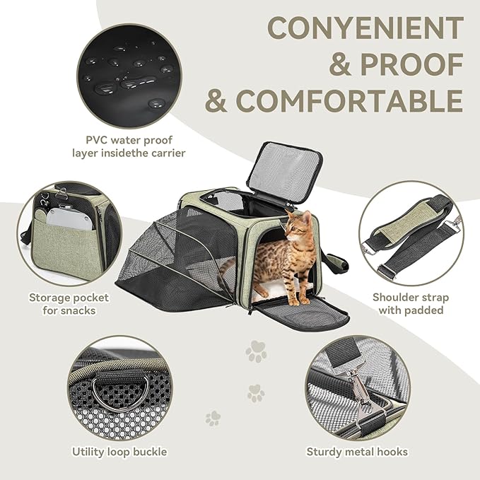 Petsfit Expandable Rabbit Carrier Bunny Carriers, 16 Inch Airline Approved Pet Carrier with 2 Extensions, Soft Washable Cushion, Self-Locking Zipper Head, Built-in Safety Rope, Fit for Travel