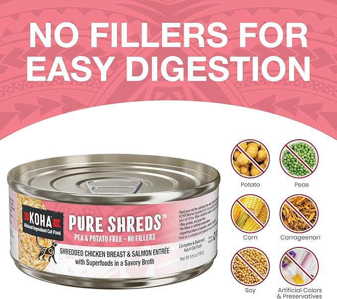 KOHA Pure Shreds Chicken and Salmon Entrée for Cats, High Protein Wet Cat Food, 5.5oz Cans (Pack of 12)