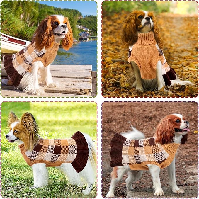 Dog Sweater Dress Plaid Knitwear for Small Medium Dogs Warm Puppy Pet Turtleneck Stretch Pullover Cute Fall Winter Vest Clothes with Leash Hole for Christmas (Coffee, 2XL)