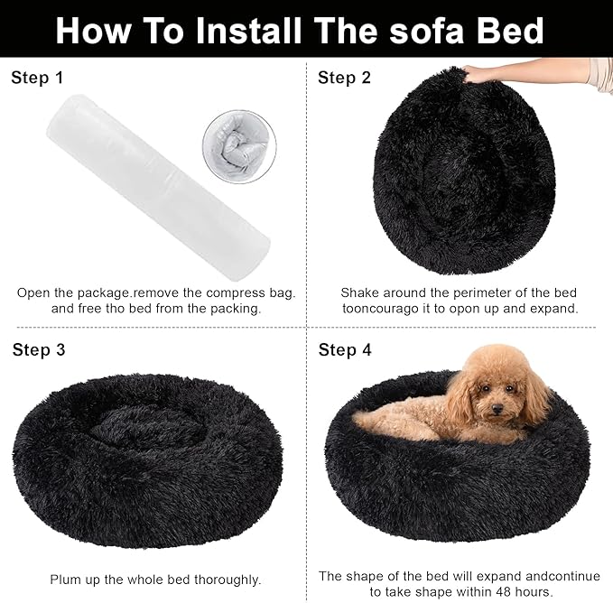 Dog Calming Beds for Small Medium Large Dogs - Round Donut Washable Puppy Dog Bed, Anti-Slip Faux Fur Fluffy Donut Cuddle Anxiety Cat Pet Bed(16'' Black)