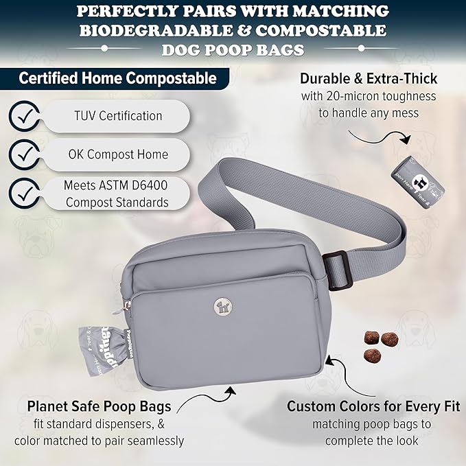 Puppington 3-in-1 Crossbody Dog Walking Bag & Treat Pouch with Matching Planet Safe Poop Bags & Built-In Dispenser - Zippered Pockets (Charcoal Gray)