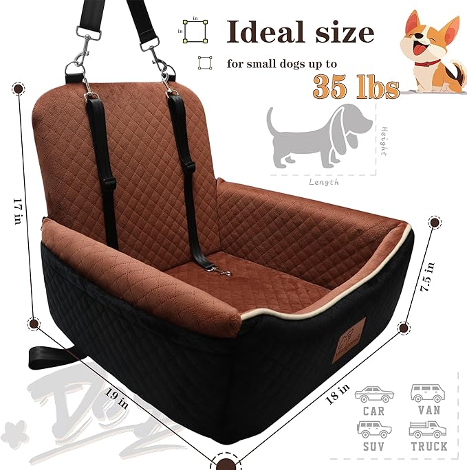 Dog Car Seat Bed 2 in 1 for Small/Medium Dogs up to 35 lbs,Adjustable Safety Leashes,Memory Foam with Soft Fabric Pets Travel Car Bed,Easily Installed in Front and Back seat,Removable and Washable.