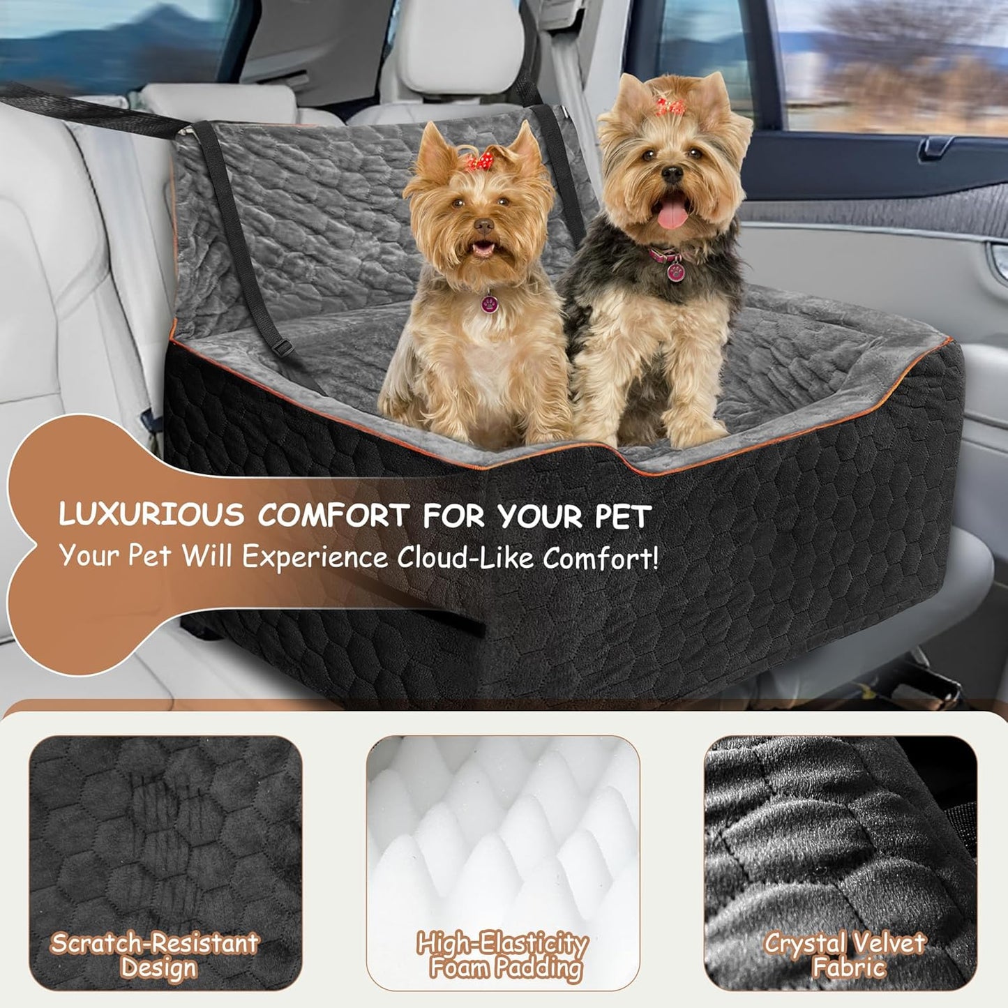 Dog Booster Seat for Larger & Medium Dogs – Comfortable Dog Car Bed with Washable Cover and Storage Pockets for Pets Up to 60lbs (BlackGray)