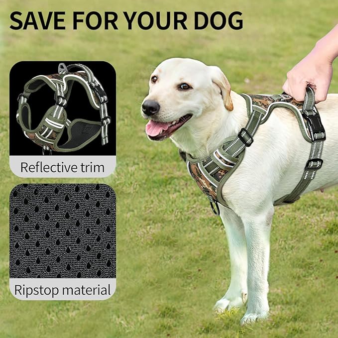 HEELE Dog Harness, No Pull Adjustable Padded Reflective Harness for Small Medium Large Dogs with Handle for Walking Training, Camo Green, S