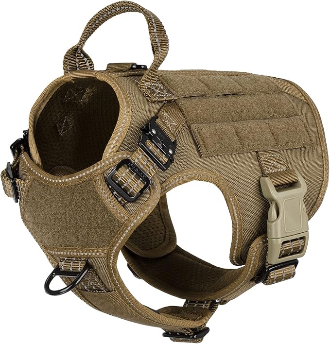 ICEFANG Tactical Dog Harness, Small Size,2X Metal Buckle,Working Dog MOLLE Vest with Handle,No Pulling Front Leash Clip,Hook and Loop Panel (Brown,S (Pack of 1))