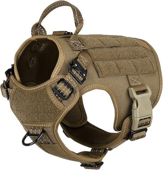 ICEFANG Tactical Dog Harness, Small Size,2X Metal Buckle,Working Dog MOLLE Vest with Handle,No Pulling Front Leash Clip,Hook and Loop Panel (Brown,S (Pack of 1))