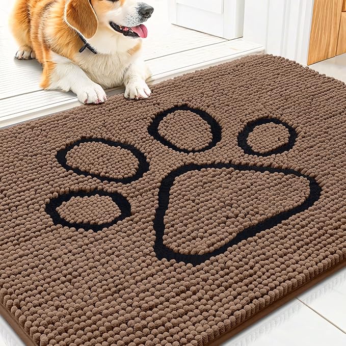 Smiry Dog Door Mat for Muddy Paws, Absorbent Dirt Trapper Non Slip Quick Dry Washable Chenille Mat for Mud Dogs, Entry Rug for Indoor and Outdoor (30x20 Inches, Coffee)