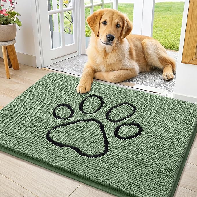 Smiry Dog Door Mat for Muddy Paws, Absorbent Dirt Trapper Non Slip Quick Dry Washable Chenille Mat for Mud Dogs, Entry Rug for Indoor and Outdoor (36x24 Inches, Olive Green and Black)