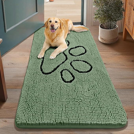 Smiry Dog Door Mat for Muddy Paws, Absorbent Dirt Trapper Non Slip Quick Dry Washable Chenille Mat for Mud Dogs, Entry Rug for Indoor and Outdoor (48x30 Inches, Olive Green and Black)