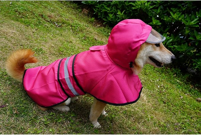 Dog Raincoat Waterproof Reflective Slicker - Lightweight Breathable Hooded Poncho Rain Coat Jacket with Adjustable Belly Strap and Leash Hole for Small Medium Large Dogs (Pink, Medium)