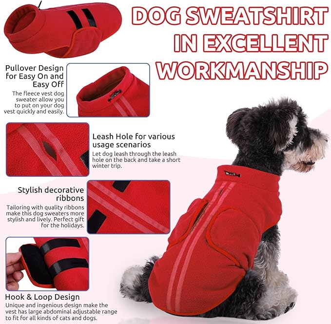 Queenmore XL Dog Sweaters, Soft Fleece Vest Pullover Dog Jacket with Leash Hole, Warm Winter Dog Clothes Cold Weather Doggy Dachshund Sweater for Large Dogs Cats Boy or Girl (Red, XL)
