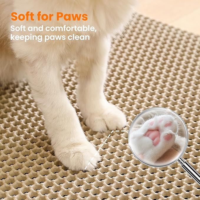 Small Cat Litter Mat, 20x14’’ Double Layer Honeycomb Cat Litter Box Mat, Non Slip Waterproof Urine Proof Litter Trapping Mat for Floor, Kitty Litter Pad, Indoor Pet Supplies, Beige