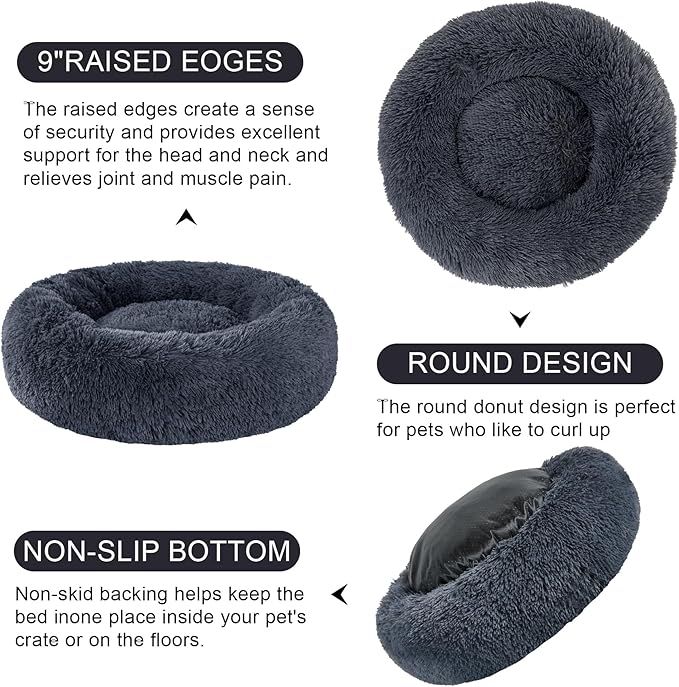 Dog Calming Beds for Small Medium Large Dogs - Round Donut Washable Puppy Dog Bed, Anti-Slip Faux Fur Fluffy Donut Cuddle Anxiety Cat Pet Bed(32" Dark Grey)